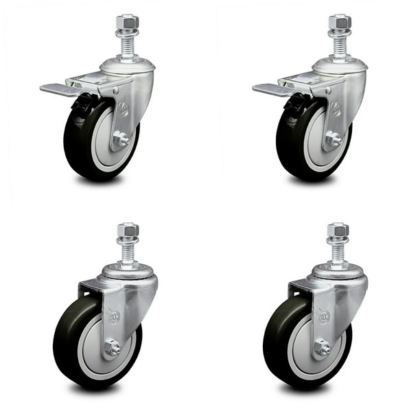 Red Polyurethane Swivel Threaded Stem Caster Set of 4 w/4 x 1.25 Wheels and 12mm Stems Service Caster Brand 1200 lbs Total Capacity Includes 2 with Top Locking Brake Red Polyurethane Swivel Threaded Stem Caster Set of 4 w/4 x 1.25 Wheels and 12mm Stems Service Caster Brand 1200 lbs Total Capacity Includes 2 with Top Locking Brake